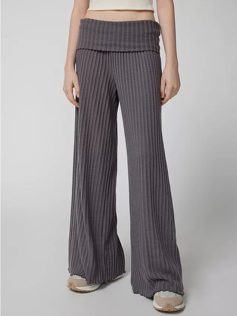 Urban Outfitters Ribbed Foldover Waist Wide-Leg Pants - Gray